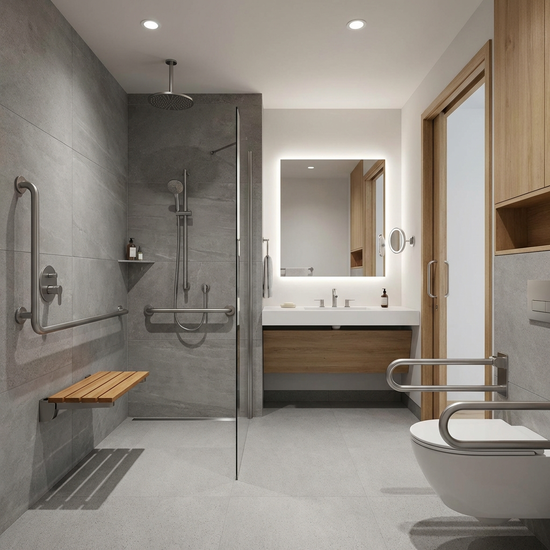 Modernes, barrierefreies Badezimmer mit ebenerdiger Dusche und Haltegriffen