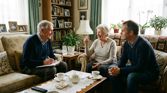 Gutachter sitzt mit Seniorin und deren Sohn im Wohnzimmer und führt ein freundliches, offenes Gespräch