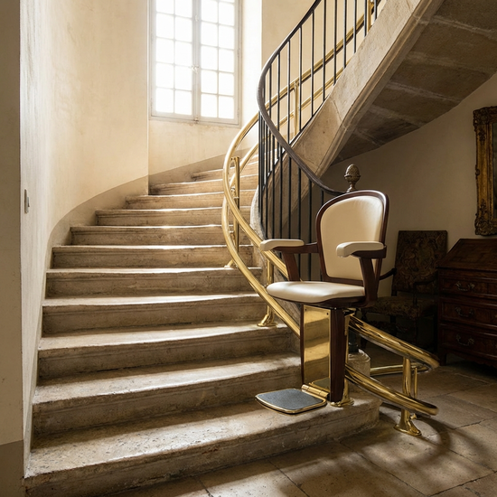 Eleganter Kurventreppenlift, der sich exakt an den geschwungenen Verlauf einer gewendelten Steintreppe anpasst
