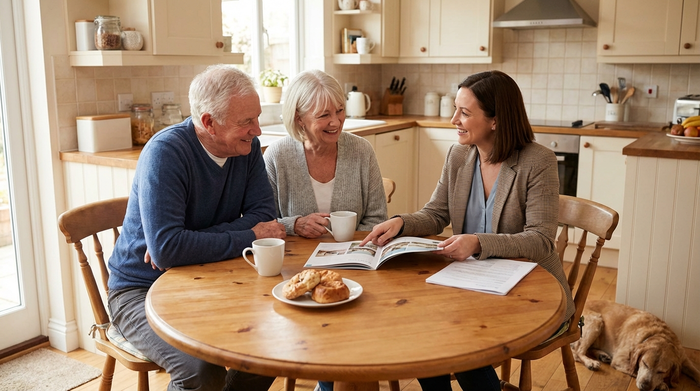 Seniorenehepaar sitzt gemeinsam mit einer freundlichen Beraterin am Küchentisch und bespricht entspannt Informationsmaterialien