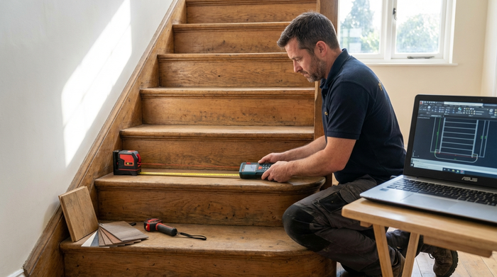 Fachberater misst mit einem digitalen Messgerät präzise die Stufen einer Holztreppe im Wohnhaus aus