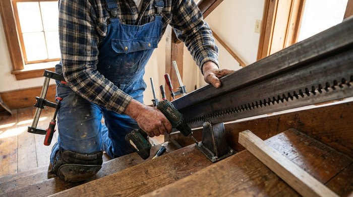 Handwerker in Arbeitskleidung fixiert sorgfältig die robuste Führungsschiene eines Treppenlifts auf den Stufen