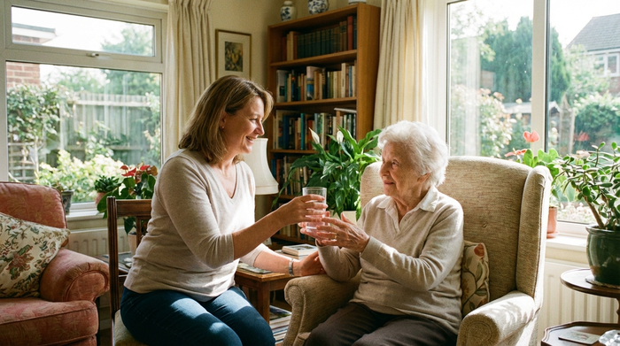 Liebevolle Pflegerin reicht einer älteren Dame ein Glas Wasser im hellen Wohnzimmer