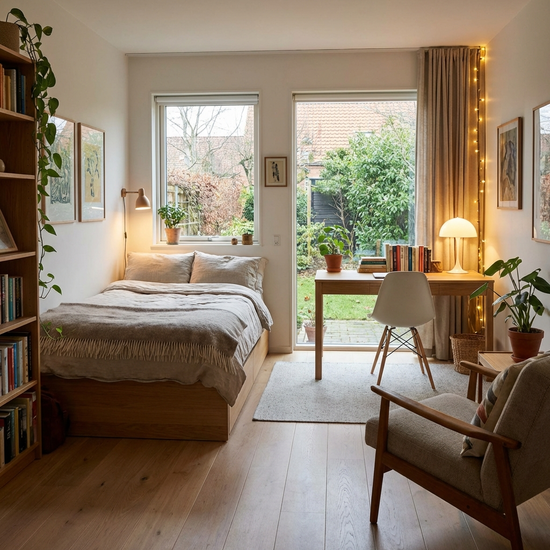 Modernes, gemütlich eingerichtetes Zimmer für die Betreuungskraft mit Bett und Schreibtisch