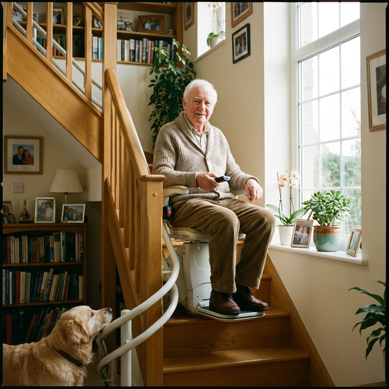 Älterer Herr nutzt einen Treppenlift im Einfamilienhaus