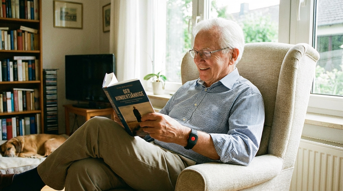 Älterer Herr sitzt entspannt im Sessel und liest ein Buch, am Handgelenk trägt er ein modernes Hausnotruf-Armband