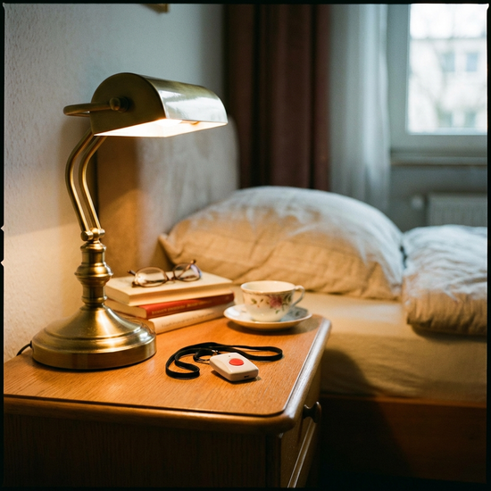 Hausnotrufsender liegt griffbereit auf einem Nachttisch direkt neben einer Leselampe