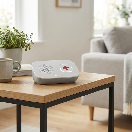 Kompakte Hausnotruf-Basisstation auf einem modernen Beistelltisch