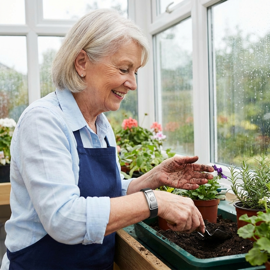 Wasserdichter Notrufsender als elegantes Armband am Handgelenk einer Seniorin
