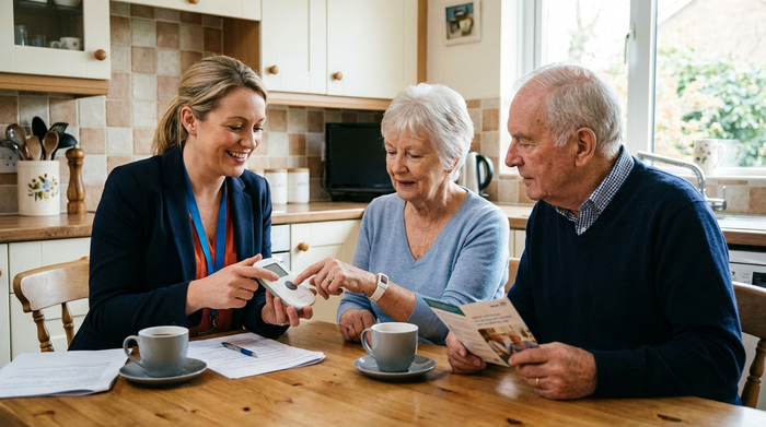 Freundliche Beraterin erklärt einem älteren Ehepaar am Küchentisch die Funktionen eines Hausnotrufs