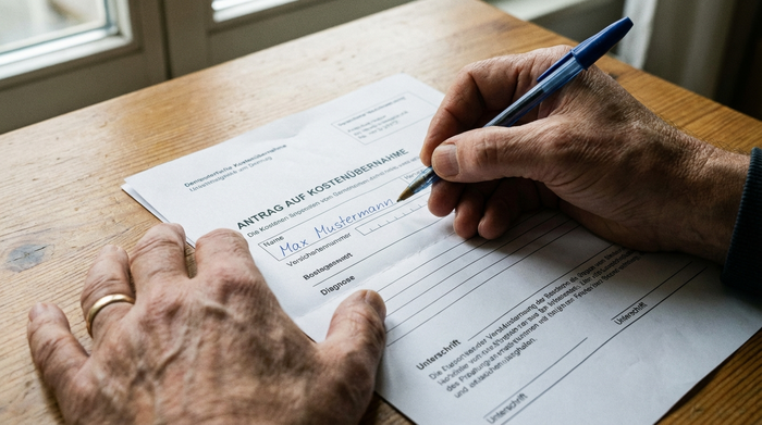Nahaufnahme von Händen, die mit einem Stift einen Antrag auf Kostenübernahme ausfüllen