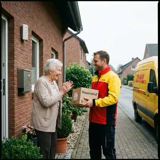 Postbote übergibt ein kleines Paket mit dem neuen Hausnotrufsystem an der Haustür