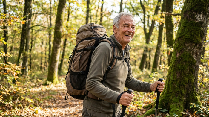 Aktiver Senior mit Rucksack und Wanderstöcken bei einem Spaziergang im Wald