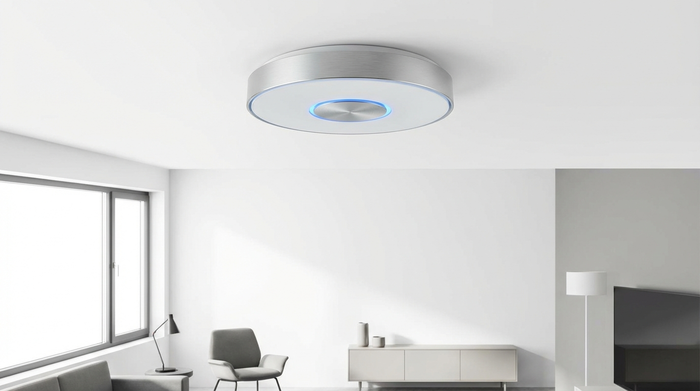 Moderner Rauchmelder an einer weißen Zimmerdecke