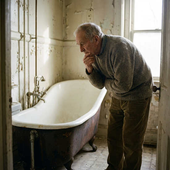 Älterer Herr steht nachdenklich vor einer alten Badewanne mit sehr hohem Einstieg