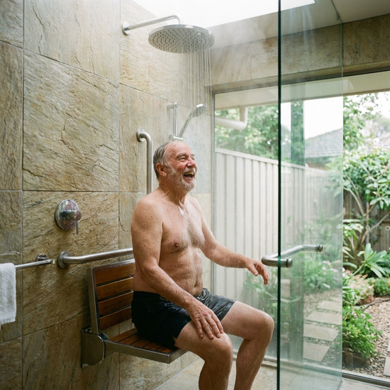 Glücklicher älterer Herr duscht sicher in einer modernen, bodengleichen Dusche mit Duschsitz