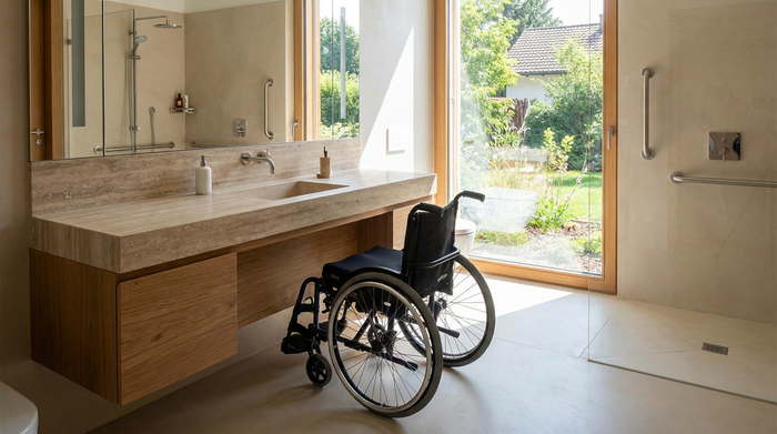 Unterfahrbarer, moderner Waschtisch in einem Badezimmer, davor steht ein Rollstuhl