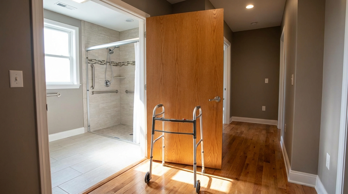 Breite Badezimmertür, die nach außen geöffnet ist, ein Rollator steht im Türrahmen