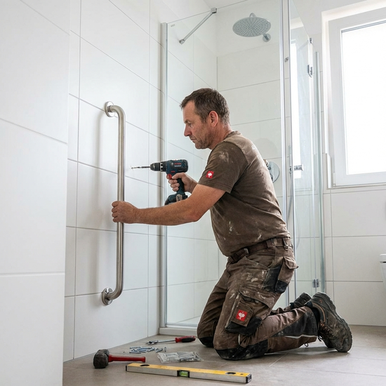 Ein Handwerker in Arbeitskleidung montiert sorgfältig einen Edelstahl-Haltegriff in einer neuen Dusche