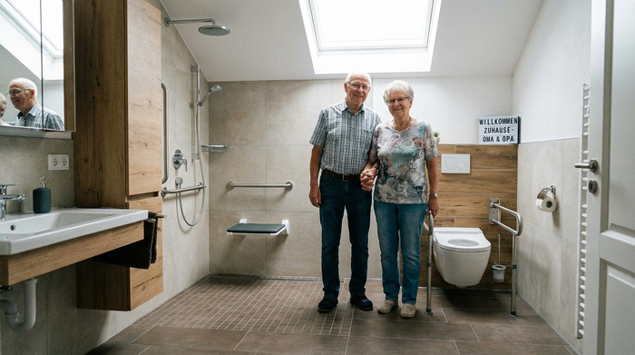 Zufriedenes älteres Ehepaar steht Arm in Arm in ihrem frisch renovierten, barrierefreien Badezimmer