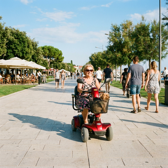 Seniorin fährt mit Elektromobil auf einem gut ausgebauten, sonnigen Gehweg
