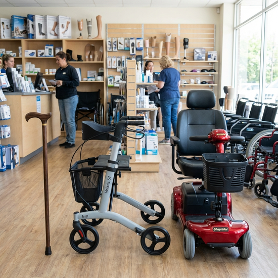 Gehstock, Rollator und Elektromobil nebeneinander aufgereiht in einem Sanitätshaus