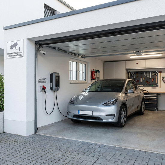 Sichere, ebenerdige Garage mit einer Wandsteckdose für ein Elektromobil
