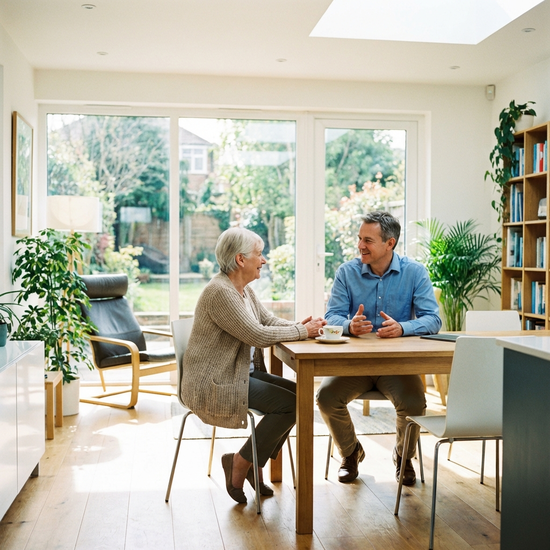 Arzt im Gespräch mit einer älteren Patientin in einer hellen Praxis