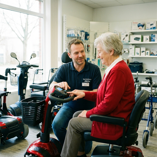 Berater im Sanitätshaus zeigt einer Seniorin die Bedienung eines Elektromobils