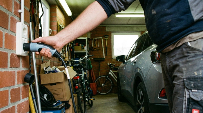Stecker eines Elektromobils wird in eine normale Haushaltssteckdose in der Garage gesteckt