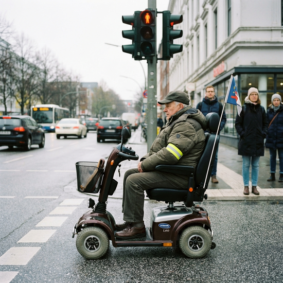 Senior auf Elektromobil wartet sicher an einer Fußgängerampel am Straßenrand
