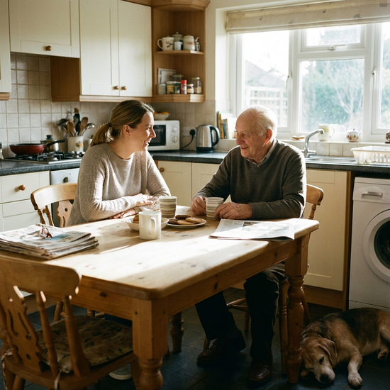 Pflegerin und Senior im Gespräch am Küchentisch, entspannte Atmosphäre
