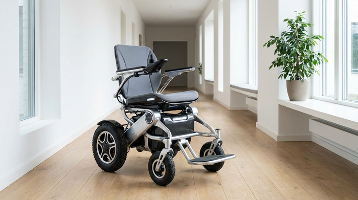 Moderner elektrischer Rollstuhl in einem hellen Flur