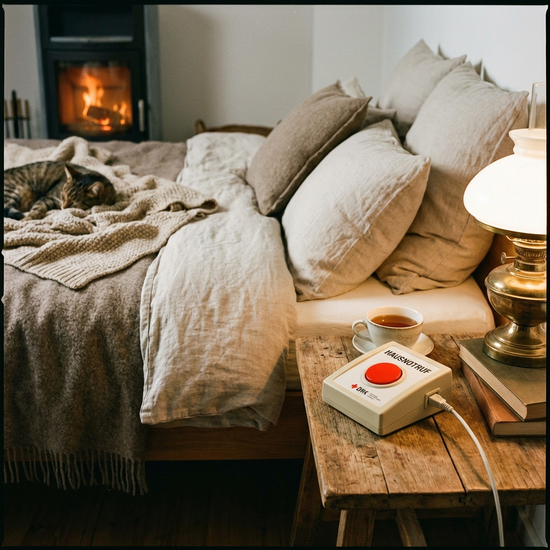 Hausnotruf-Gerät auf Nachttisch neben einem gemütlichen Bett