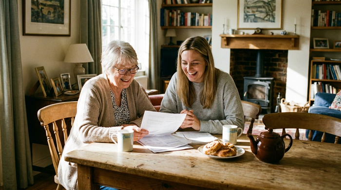 Ältere Dame und Tochter schauen gemeinsam lächelnd auf Papiere am Esstisch