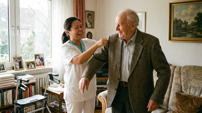Freundliche Pflegerin hilft älterem Herrn beim Anziehen einer Jacke