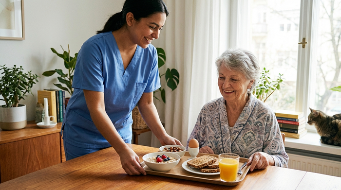 Pflegerin serviert einer Seniorin ein gesundes Frühstück am Tisch