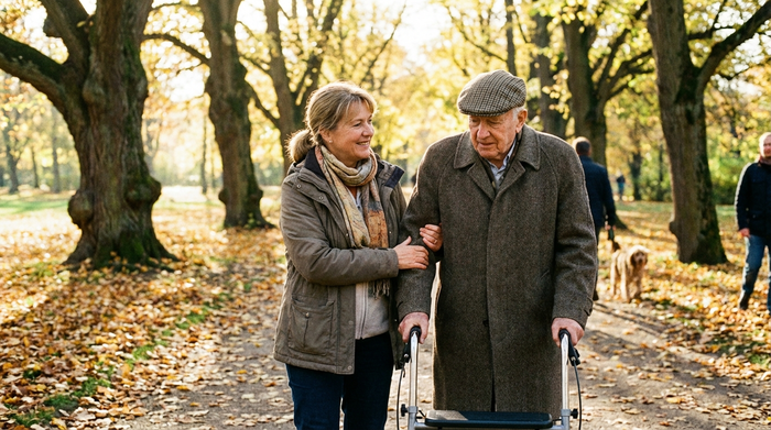 Pflegerin und Senior beim gemeinsamen Spaziergang im Park