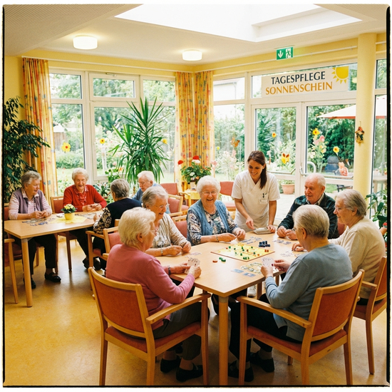 Helle, freundliche Tagespflege-Einrichtung mit Senioren beim gemeinsamen Spiel