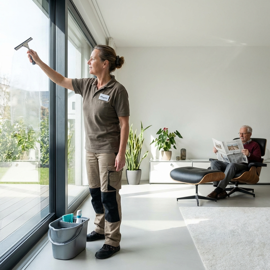 Pflegerin reinigt die Fenster in einem modernen Wohnzimmer