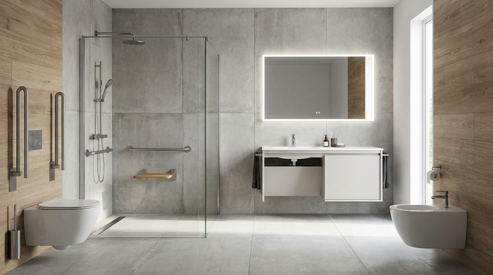 Modernes, barrierefreies Badezimmer mit Haltegriffen und bodengleicher Dusche
