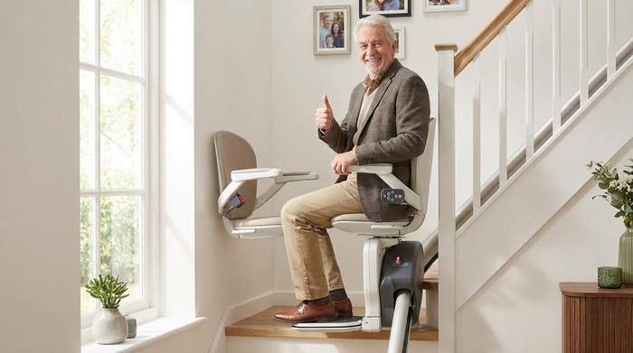 Senior fährt sicher mit einem modernen Treppenlift ins obere Stockwerk