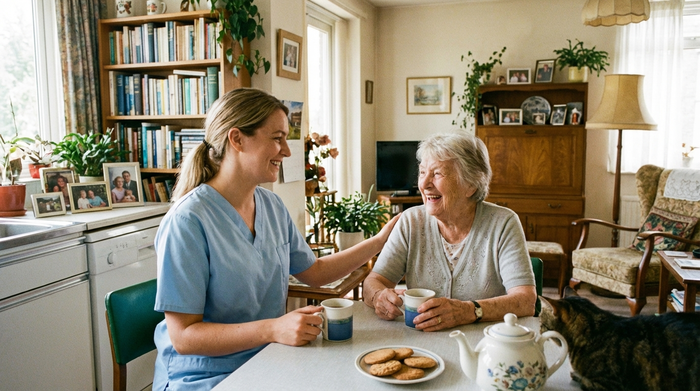 Eine lächelnde Pflegerin in Berufskleidung sitzt mit einer älteren Dame am Küchentisch und trinkt gemeinsam Tee in einer gemütlichen Wohnung.