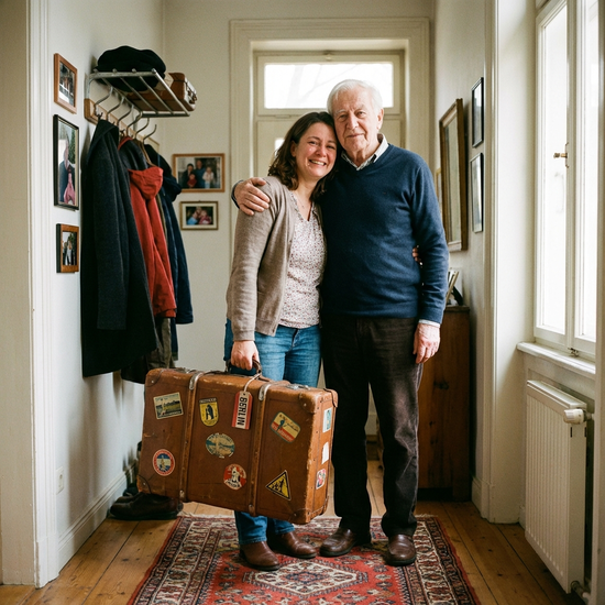 Ein gepackter Koffer steht im Flur, daneben eine Frau, die sich lächelnd von ihrem älteren Vater verabschiedet.