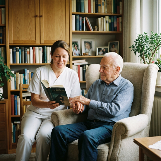 Eine professionelle Betreuungskraft liest einem Senior im Sessel aus einem Buch vor.
