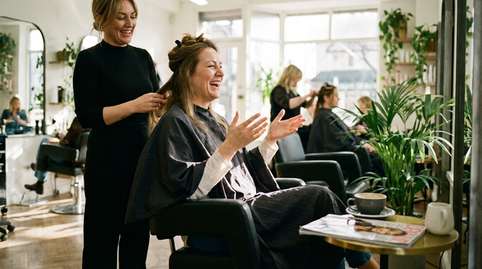 Eine Frau beim Friseurbesuch, entspannt im Stuhl sitzend und sich unterhaltend.