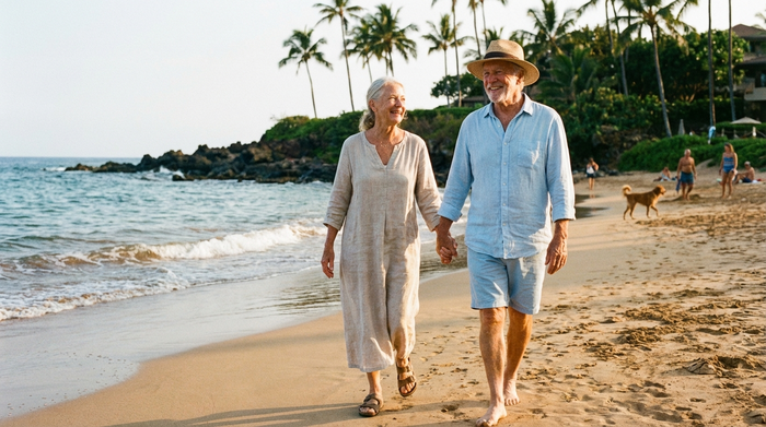 Ein älteres Ehepaar spaziert entspannt am Strand im Urlaub.