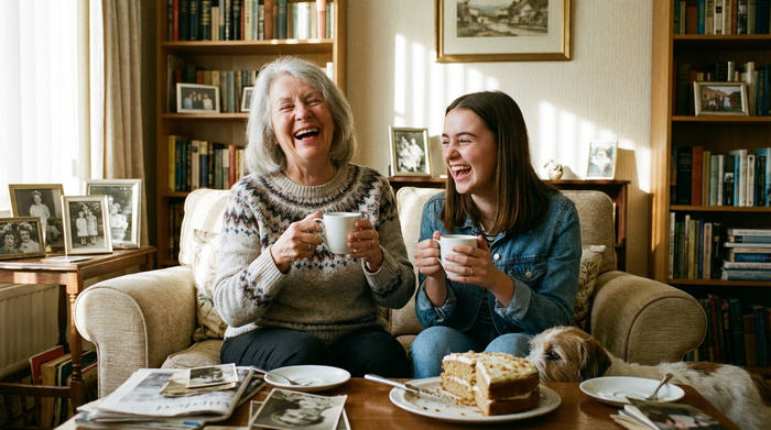 Eine Seniorin lacht gemeinsam mit ihrer Enkelin im Wohnzimmer bei einer Tasse Kaffee.