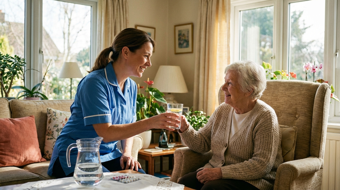Professionelle Pflegekraft reicht einer älteren Dame freundlich ein Glas Wasser im hellen Wohnzimmer