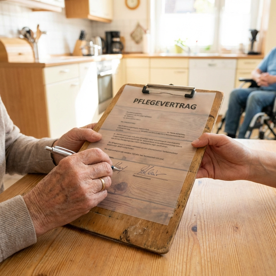 Hände unterschreiben einen transparenten Pflegevertrag auf einem Klemmbrett
